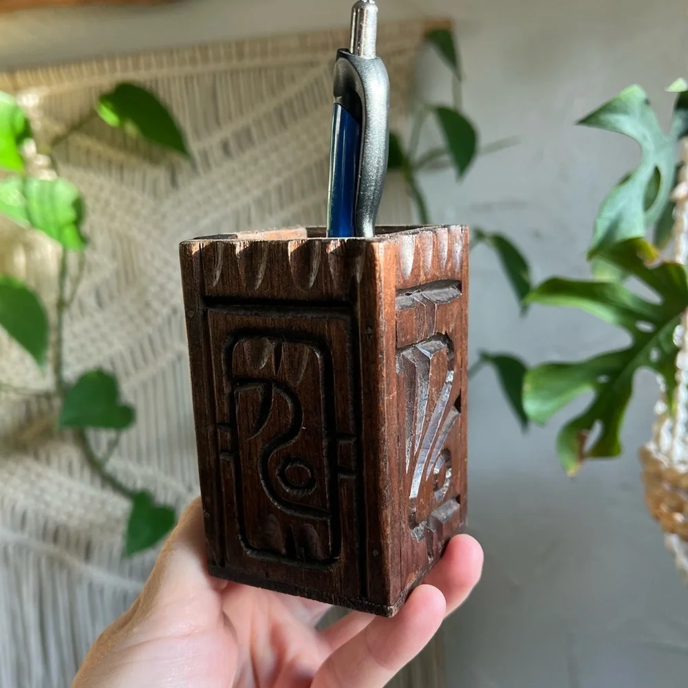 Vintage Hand-Carved Wooden Pen Holder | Boho Rustic Desk Organizer Artisan Wood